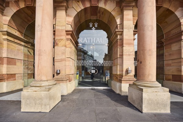 Town hall, entrance, door, round arches, columns, neo-Renaissance style, architect Georg von