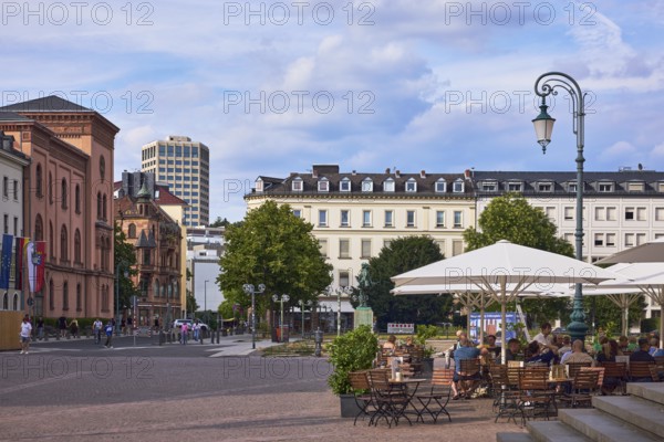 Lantern, general architecture, high-rise building, outdoor area of a restaurant, trees, visitors