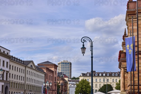 Lantern, flag of the city of Wiesbaden, general architecture, high-rise building, town hall,