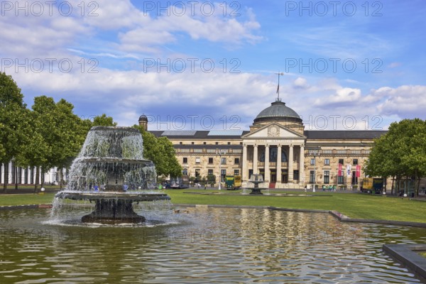 Spa hotel, neo-classical style, architect Friedrich von Thiersch, columns, gardens, trees, lawn,