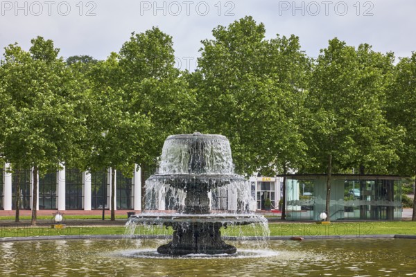 Cascade fountain, green spaces, trees, Platanus × acerifolia (Platanus ×hispanica), lawn, cloudy,