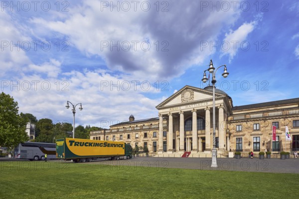Spa hotel, neo-classical style, architect Friedrich von Thiersch, columns, lantern, trees, lawn,