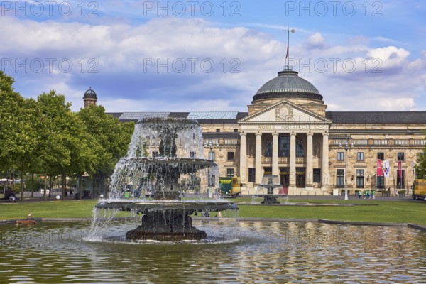 Spa hotel, neo-classical style, architect Friedrich von Thiersch, Aquis Mattiacis inscription,