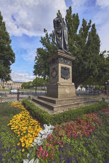Emperor Frederick Memorial, flower bed, trees, blue sky, cumulus clouds, Wilhelmstraße,