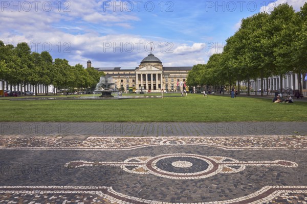 Pavement made of paving stones, mosaic, pattern, spa hotel, gardens, lawn, bowling green, trees,