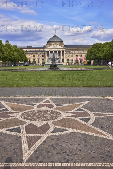 Paving stone sidewalk, mosaic, pattern, spa hotel, garden, lawn, bowling green, trees, cascade