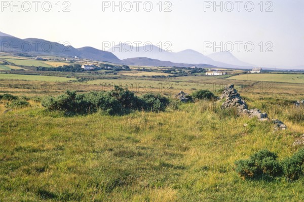 Traditional crofting farming landscape, croft farmhouses in small fields, distant mountains, County