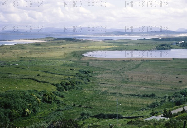 Coastal landscape over Clooney Lake from village of Portnoo, Narin beach, County Donegal, Ireland