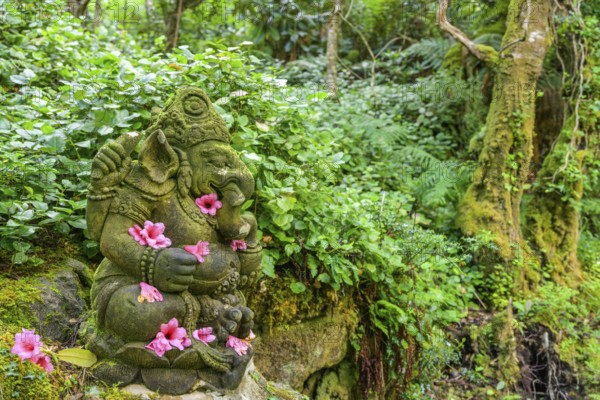 Rhododendron flowers on Ganesha statue in parkland near the castle, Glenveagh National Park, Cross