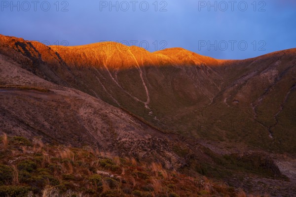 Volcanic landscape, Tama Lake Walk (Tama Lakes Track), evening light, sunset. Tongariro National