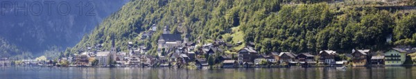 A, Hallstatt, Pano, k, cut, A wide panorama of a picturesque village on a quiet lakeside with