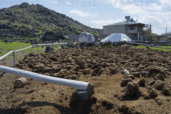Rural area with hills, rocky soil and farm buildings under blue skies, cow dung to dry, Demirtepe,