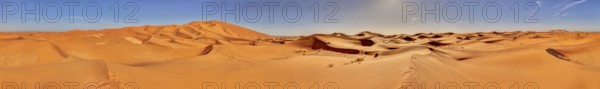 Wide desert landscape with sand dunes and clear sky, Sahara, Morocco