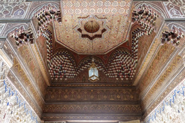 Magnificent, detailed vaulted ceiling full of geometric patterns and wooden elements, Bahia Palace