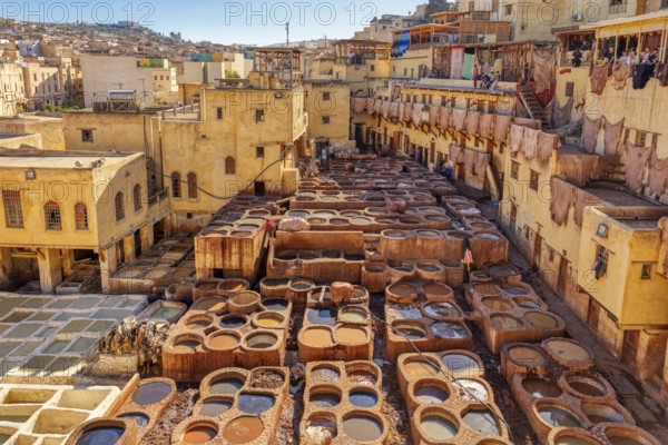 The bustling atmosphere of a traditional old town tannery, illuminated by warm sunlight and marked
