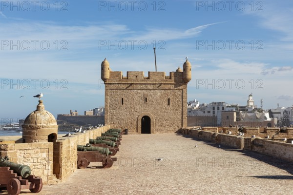 Historic fortress with cannons surrounded by a stone wall with a view of the sea under a blue sky
