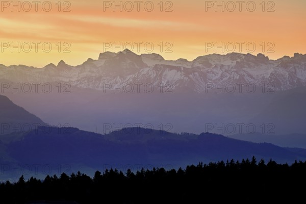 Snow-covered Central Switzerland Alps in the light of dawn, Horben, Beinwil-Freiamt, Canton,