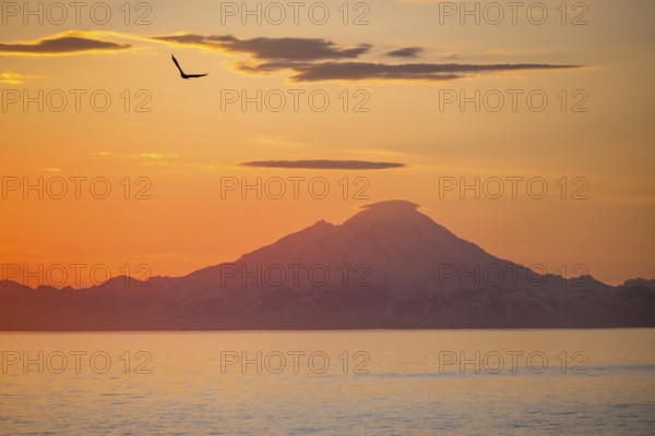 View over Cook Inlet to white mountain peaks of Mount Redoubt, at sunset, picturesque golden light
