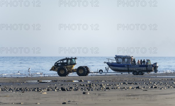 Motor boat on a boat trailer is driven into water by a tractor on a beach, Anchor Point, Alaska,