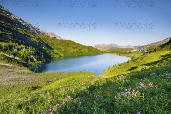 Engstlensee near Engstlenalp with Rothorn and Glogghues in the background, Canton of Bern,