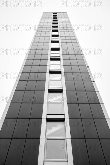 Modern architecture, geometric lines photographed in black and white, former water tower of the