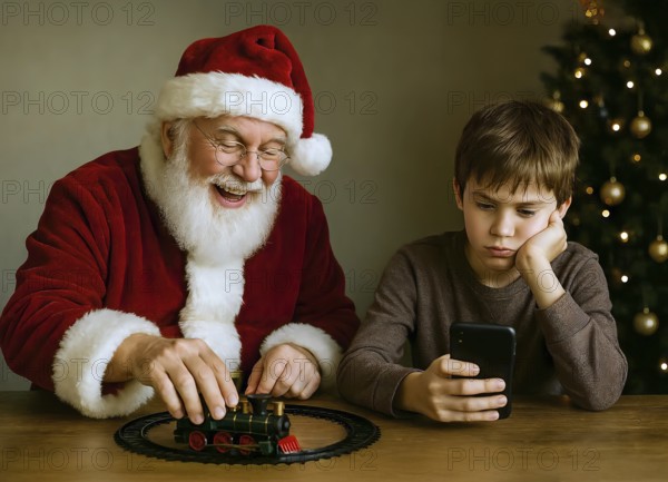 Santa Claus is happily playing with a toy train, a boy looks bored at his cell phone, symbol photo