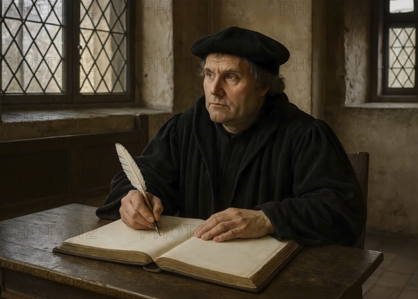 The reformer Martin Luther sits in his study and writes, symbolic image faith, church,