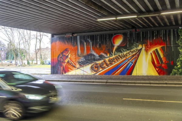 Huge street art pictures in a road tunnel in Gelsenkirchen, the approximately 120 meter long