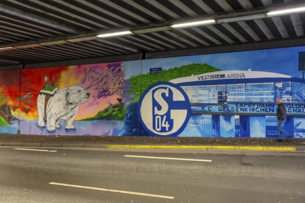 Huge street art pictures in a road tunnel in Gelsenkirchen, the approximately 120 meter long