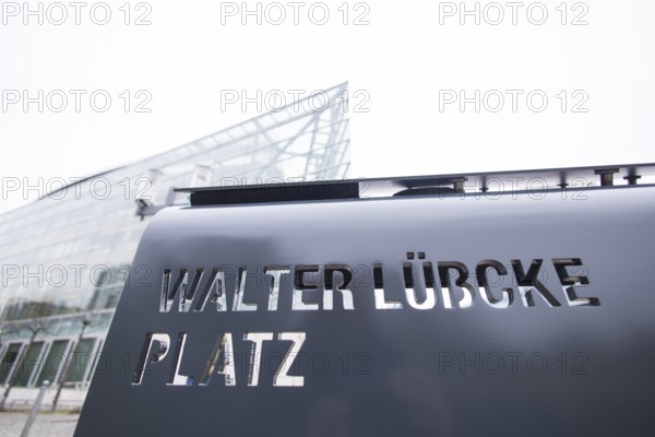 Walter Lübcke Platz in front of the Konrad Adenauer Haus, the party headquarters of the Christian