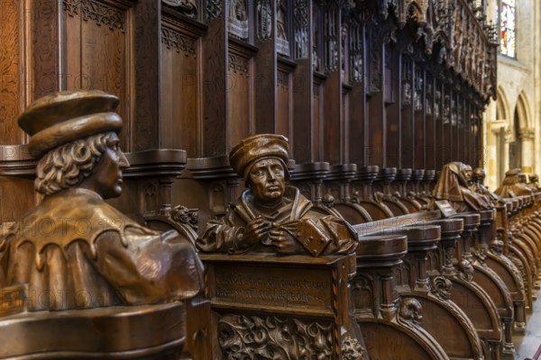 The choir stalls in Ulm Minster by Jörg Syrlin the Younger with impressive carvings. interior view.