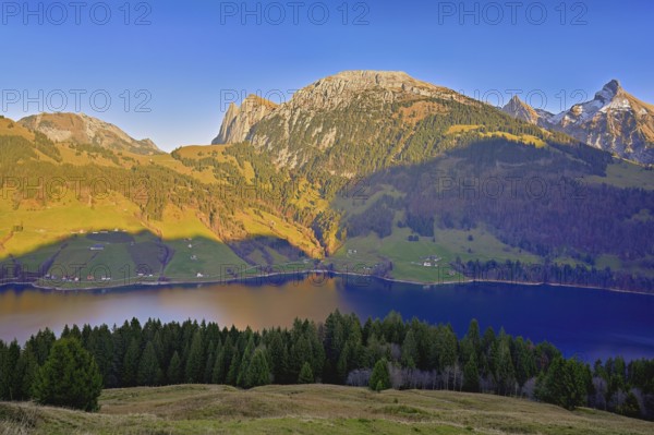 View of Lake Wägitalersee with Schiberg and Zindelspitz in the background, Canton, Schwyz,