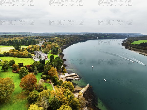 Autumn over Plas Newydd House from a drone, Gardens and Parkland, Llanfairpwllgwyngyll, Anglesey,