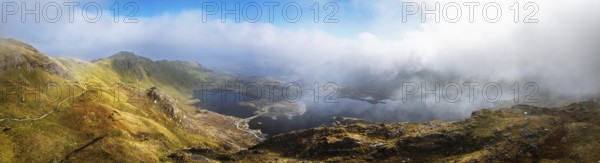 Pyg Track over Llyn Llydaw lake from a drone, Pen-y-Pass, mountain pass, Snowdonia, Gwynedd,