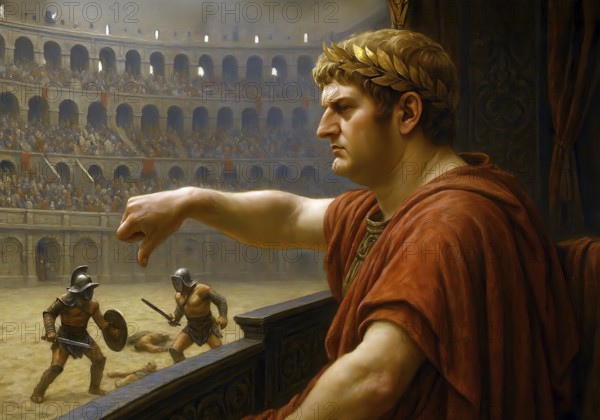 The Roman Emperor Nero lowers his thumbs in the ancient arena in which gladiator battles take