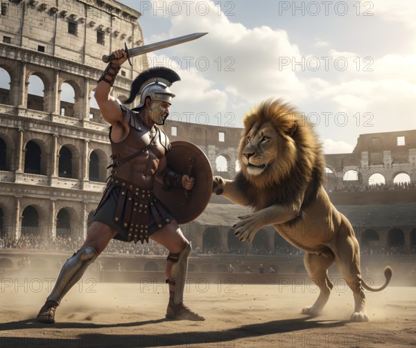 A gladiator with helmet, shield and sword fights against a lion in a Roman arena, symbol ancient,