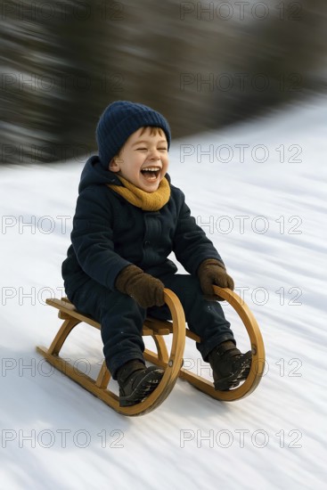 A boy sledges down a hill laughing happily on a sled, symbolizing winter, winter sports, sledding,