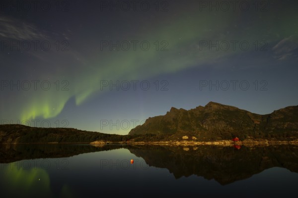 Northern lights are reflected in the fjord in Norway. Aurora Borealis over Festvåg near Bodø,