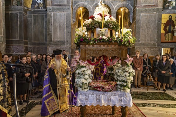 Orthodox priests at Epitaphios at Mass on Good Friday in the Catholicon of the Hosios Luke