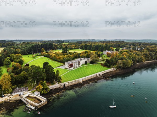 Autumn over Plas Newydd House from a drone, Gardens and Parkland, Llanfairpwllgwyngyll, Anglesey,
