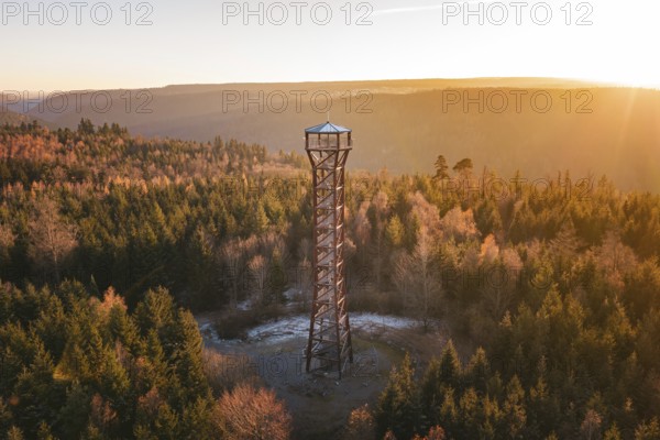 An observation tower stands in an autumnal forest at sunrise, Hohe Warte lookout tower, Hohenwart,