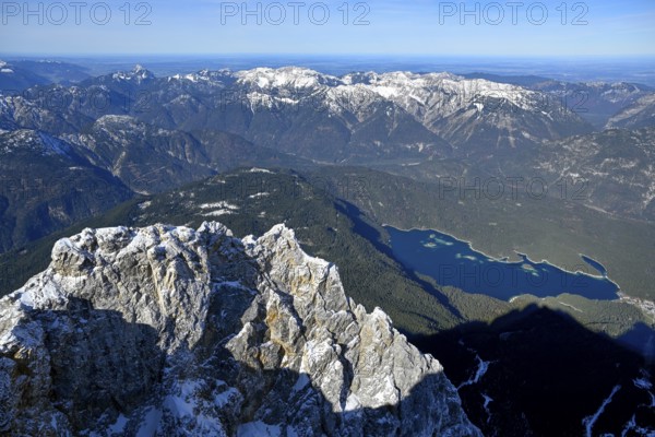 View of Lake Eibsee lake from the mountain station of the Zugspitz cable car (2962 m), Grainau