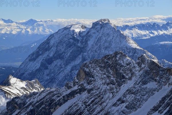 View of the Wetterstein Mountains from the mountain station of the Zugspitz cable car (2962 m),