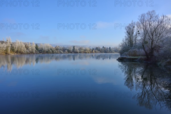 A clear winter day on a lake with reflecting water and bare trees, hoarfrost, winter, Mondsee,