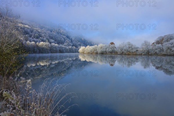 Clear water reflects the snow-white trees and the quiet winter panorama, hoarfrost, winter, Boxtal,