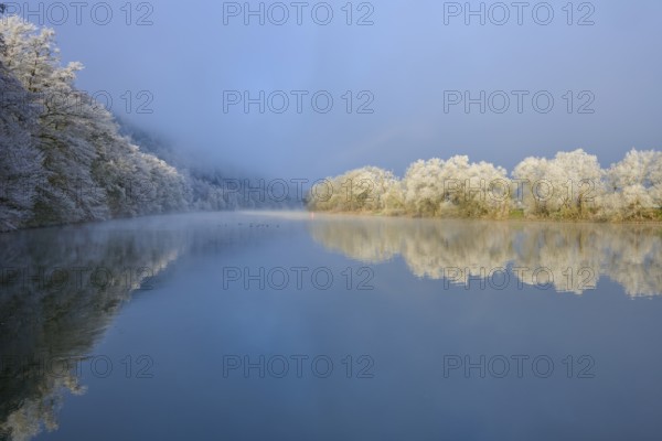 Cool winter atmosphere with snow-white tree reflections in still water, hoarfrost, winter, Boxtal,