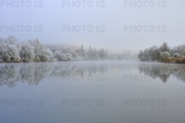 Foggy winter scenery with snow-covered trees reflected in a quiet river, hoarfrost, winter, Boxtal,