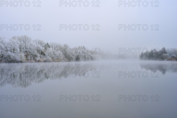 Thick fog surrounds a quiet river with snowy, reflecting trees, hoarfrost, winter, Boxtal,
