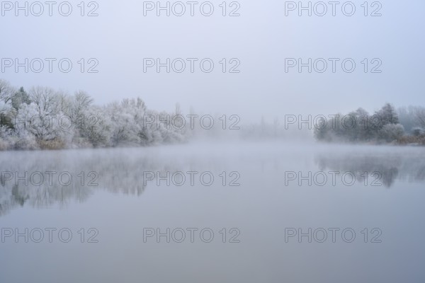 Foggy winter morning on a quiet river with snow-covered trees in a quiet atmosphere, hoarfrost,