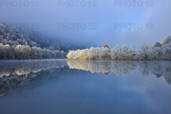 A calm river reflects frosty trees and mountains in a wintry environment, hoarfrost, winter,